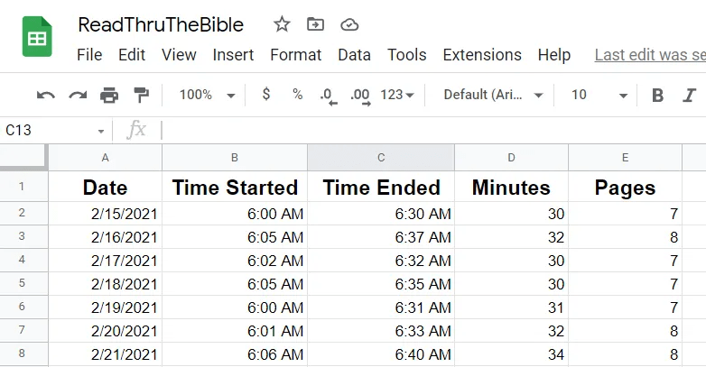 spreadsheet tracking my progress on reading through the Bible