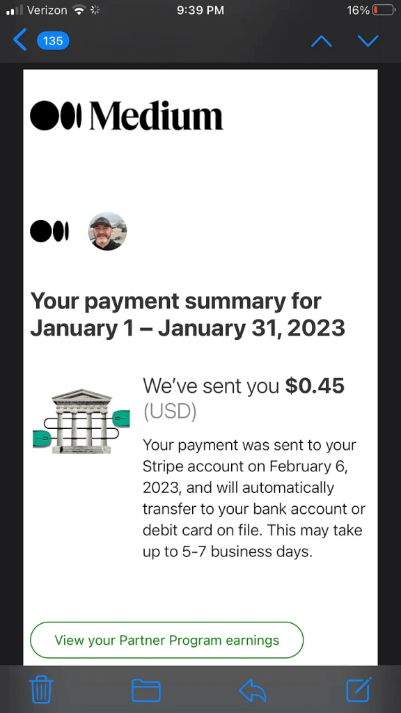 screenshot of an email from Medium showing that I earned 45 cents from my writing