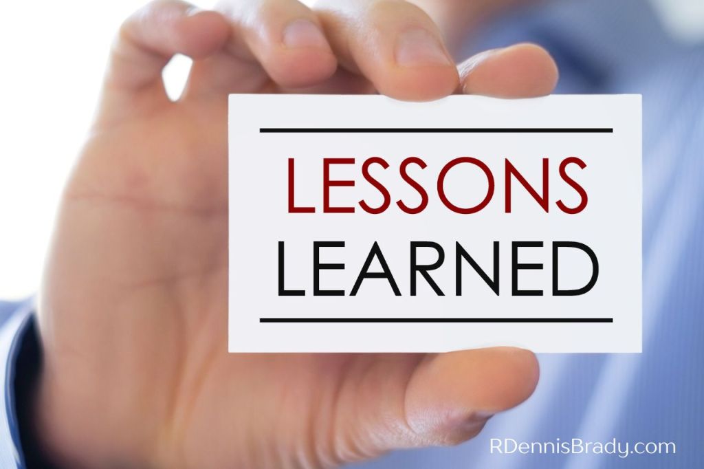 card that says lessons learned referring to me walking 10 miles a day