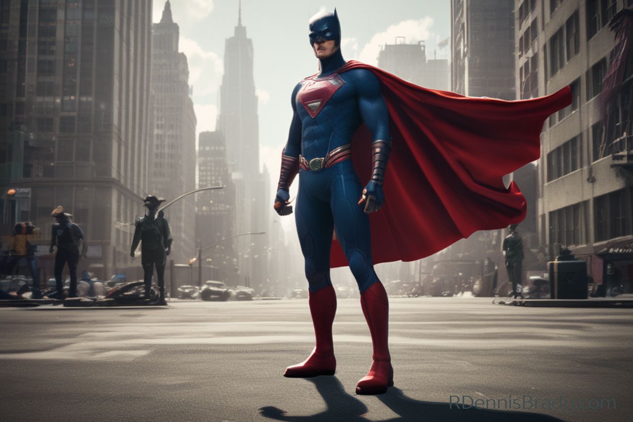 a superhero standing in the street in urban city