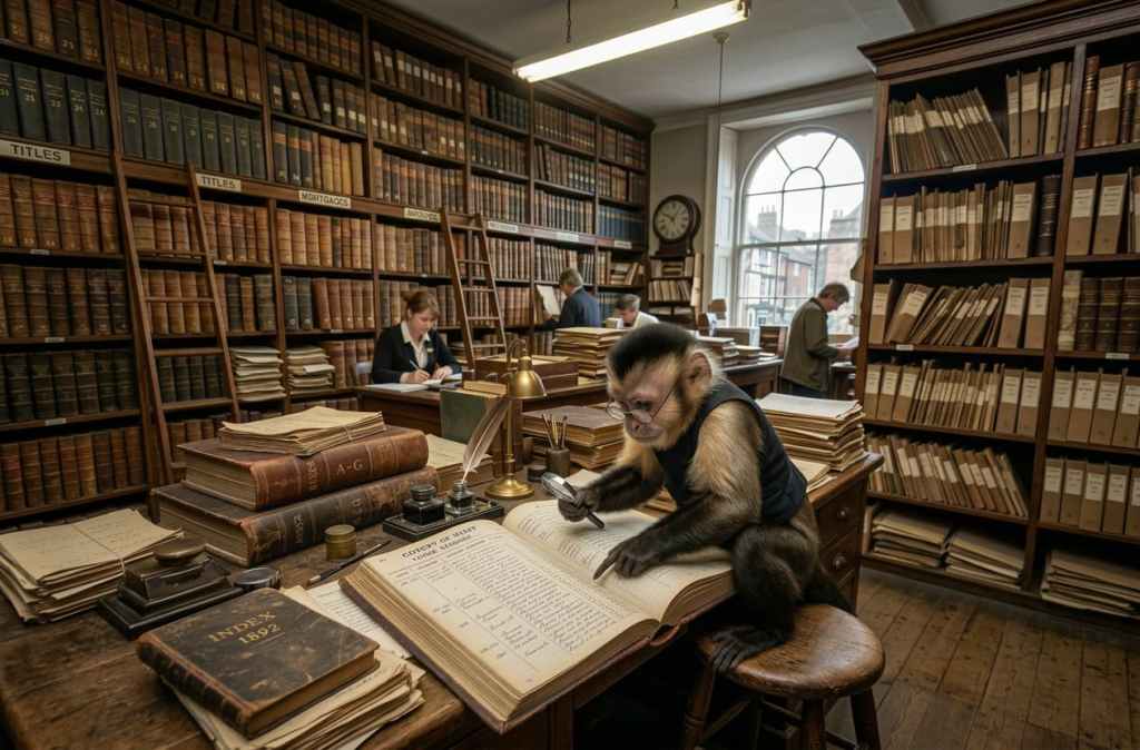 a monkey searching a title in the register of deeds office