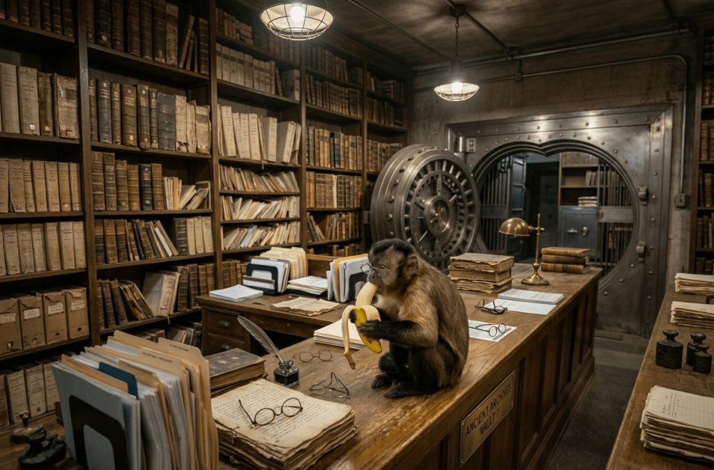 Monkey sitting on office counter eating a banana while people look on