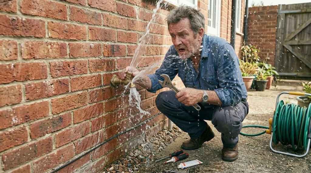 real estate landlord looking at broken outside water spigot