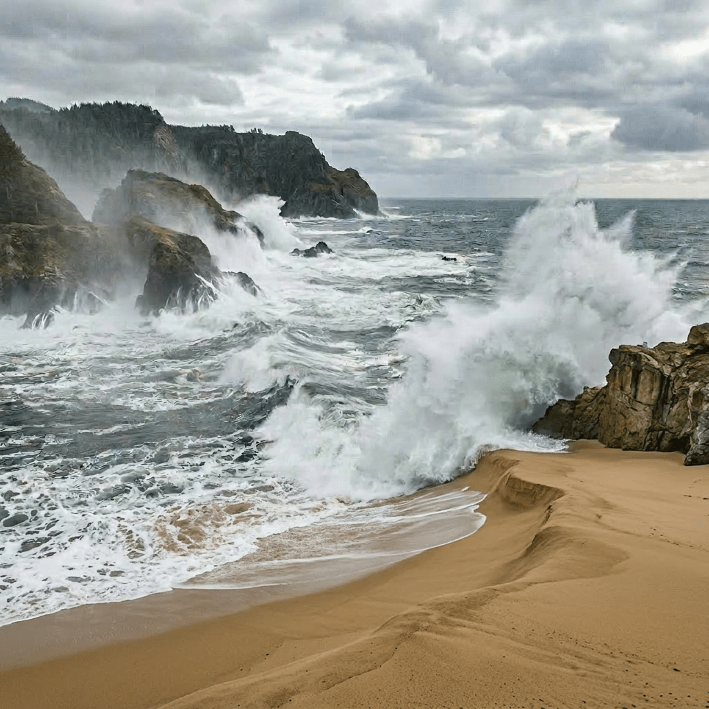 Arch bridge spanning rocky coastline with large ocean waves crashing beneath